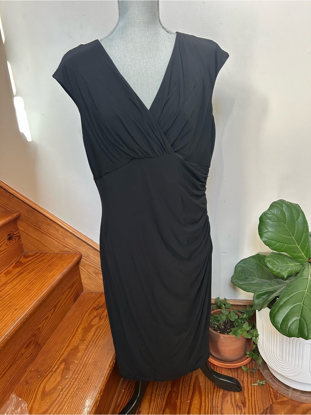 Ralph Lauren Black V-Neck Ruched Midi Dress